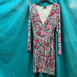 Long sleeve knit faux wrap dress